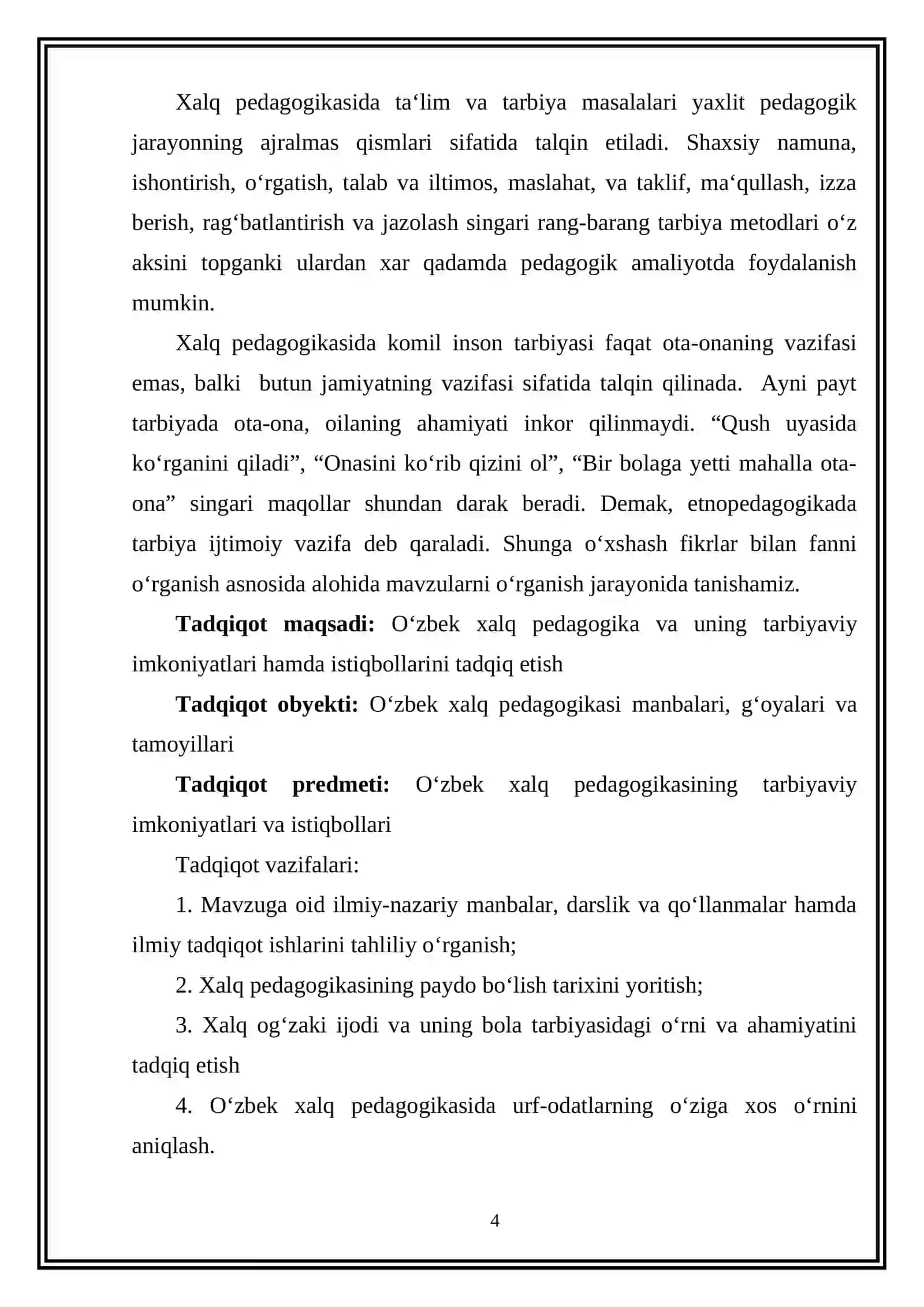 “O‘ZBEK XALQ PEDAGOGIKASINING IMKONIYATLARI VA ISTIQBOLLARI” MAVZUSIDAGI KURS ISHI 4