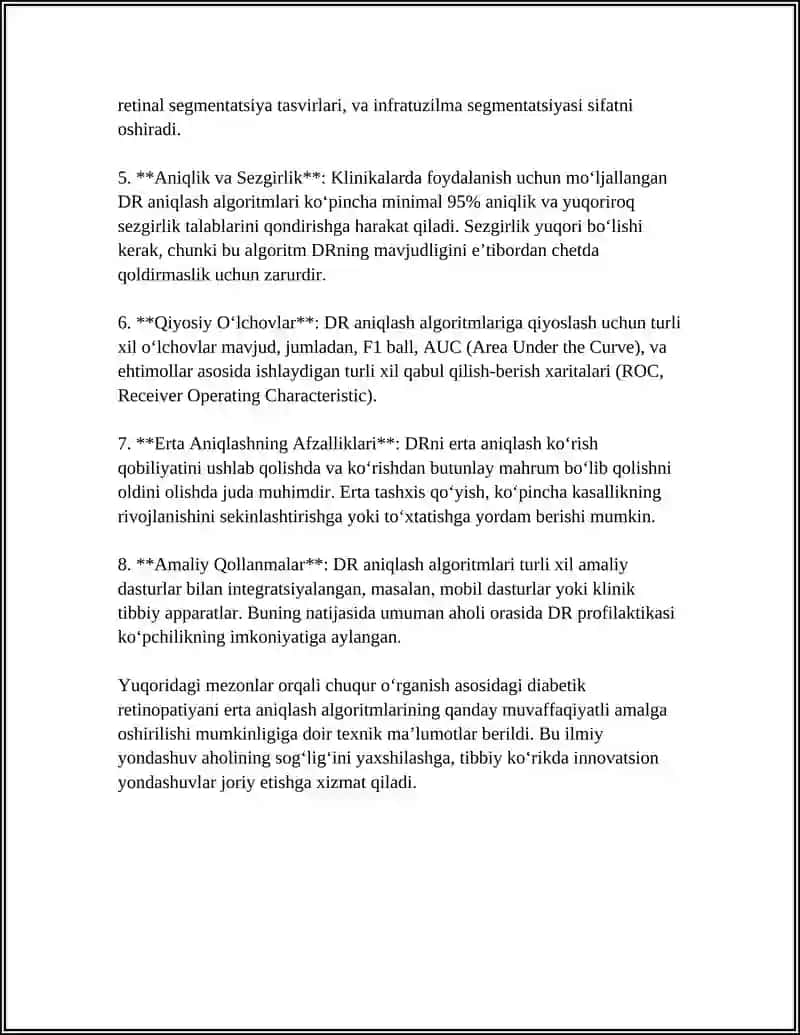 SUNIY INTELLEK VA OFTALMALOGIYA- KO‘RISH KASALLIKLARINI ERTA ANIQLASHDA AL ALGORITMLARINING QO‘LLANILISHI 4