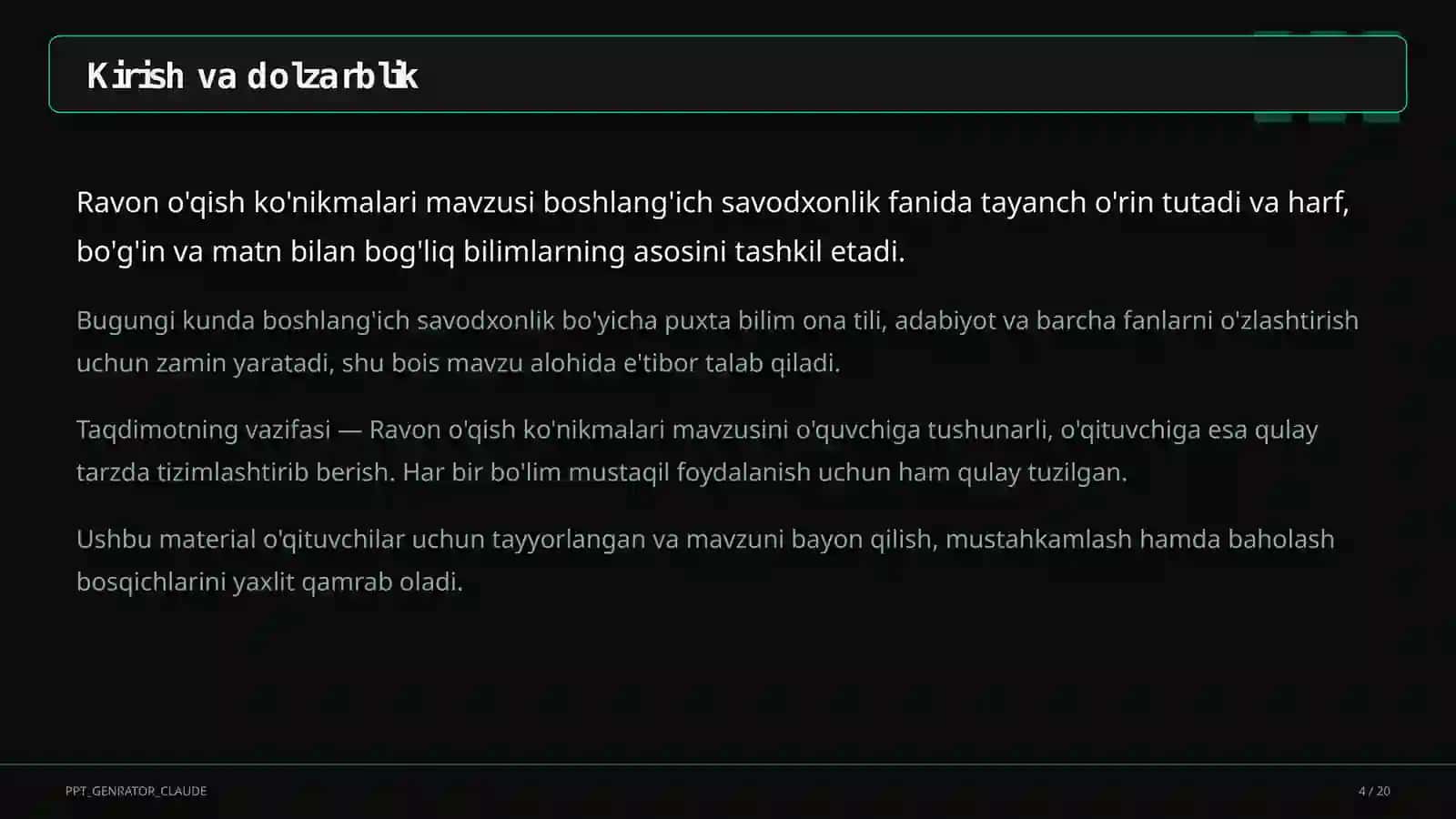 Boshlang'ich sinf: Ona tili va o'qish (1–4) 4