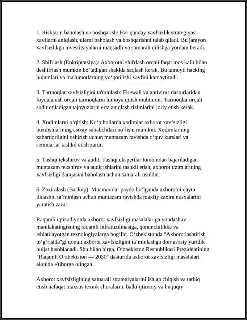 RAQAMLI IQTISODIYOTDA AXBOROT XAVFSIZLIGINI TA'MINLASHNING ZAMONAVIY USULLARI VA VOSITALARI 4