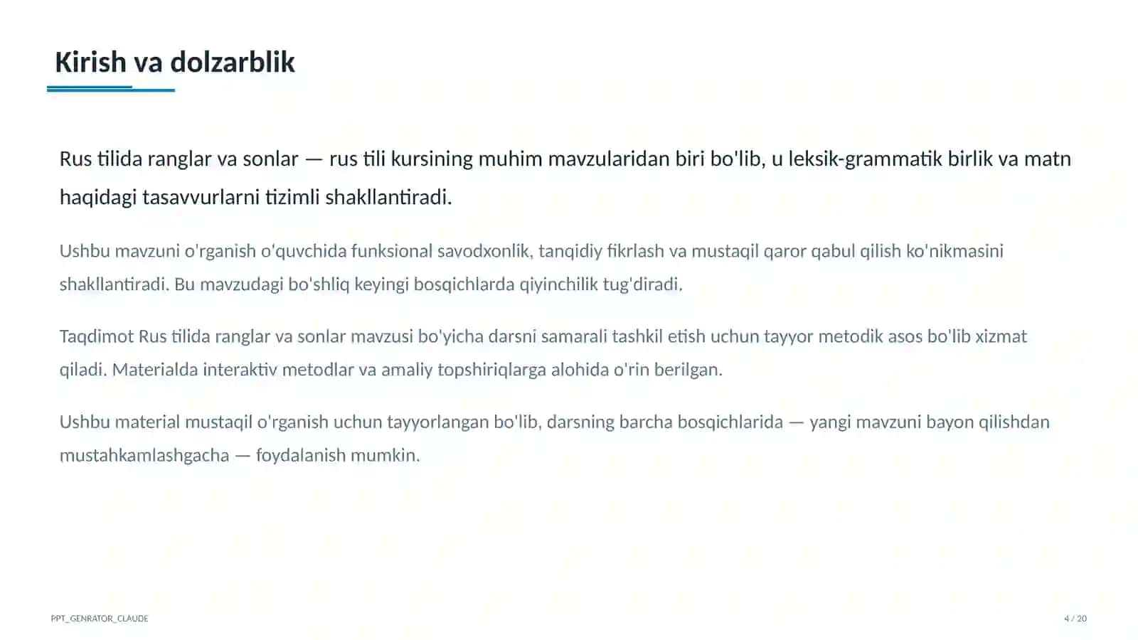 Rus tilida ranglar va sonlar (2-sinf) 4