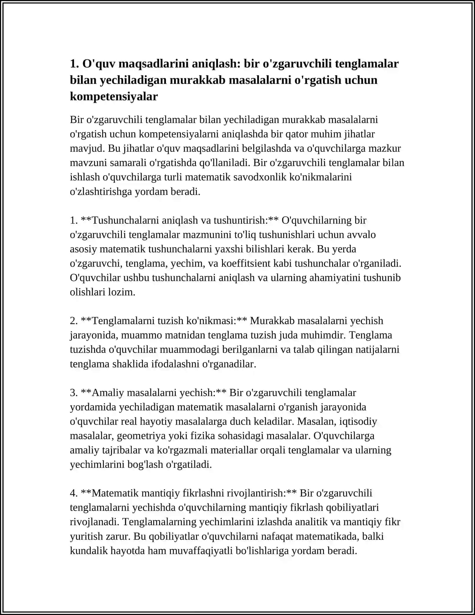 BIR O'ZGARUVCHILI TENGLAMALAR BILAN YECHILADIGAN MURAKKAB MSALALARNI YECHISHGA O'RGATISH METODIKASI 4