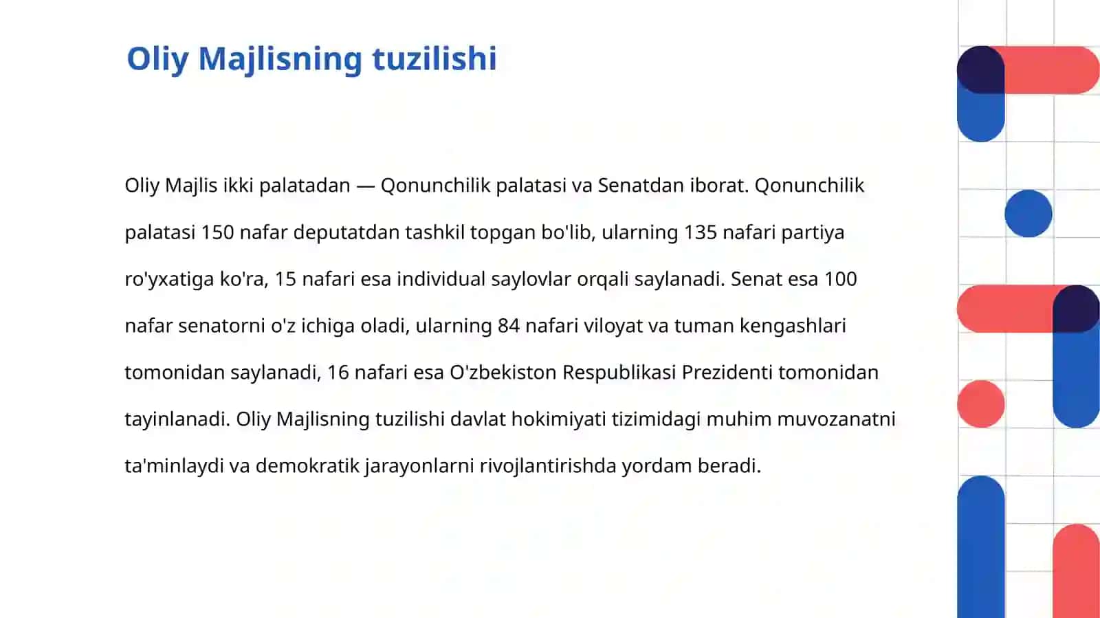 OLIY MAJLISNING DAVLAT HOKIMIYATI TIZIMIDAGI O`RNI VAZIFASI 4