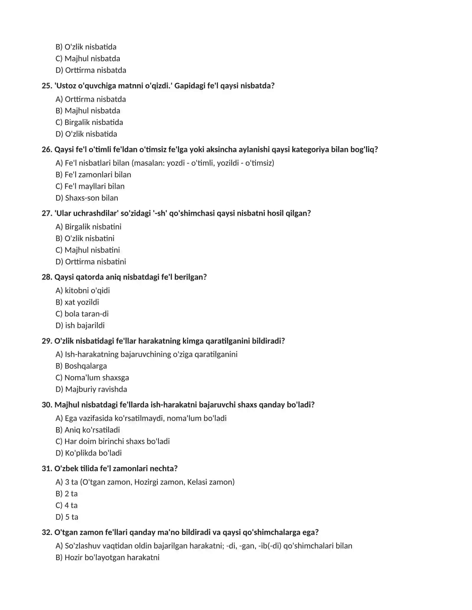 ONA TILI: FE'L SO'Z TURKUMI BO'YICHA TEST TOPSHIRIQLARI  (100 ta test va kalitlar) 4