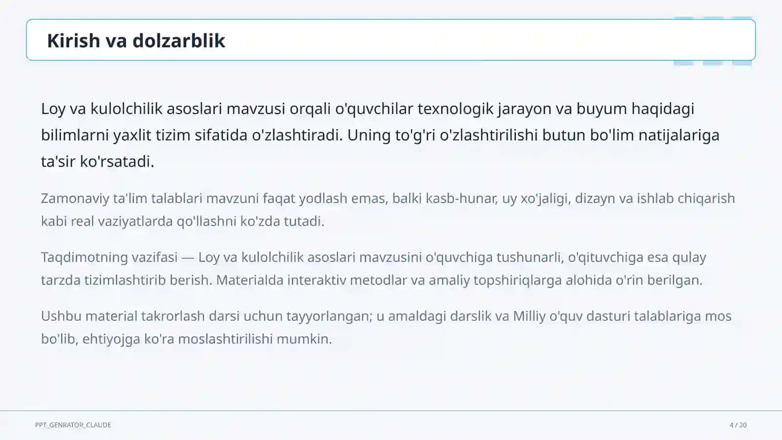 Loy va kulolchilik asoslari (4-sinf) 4
