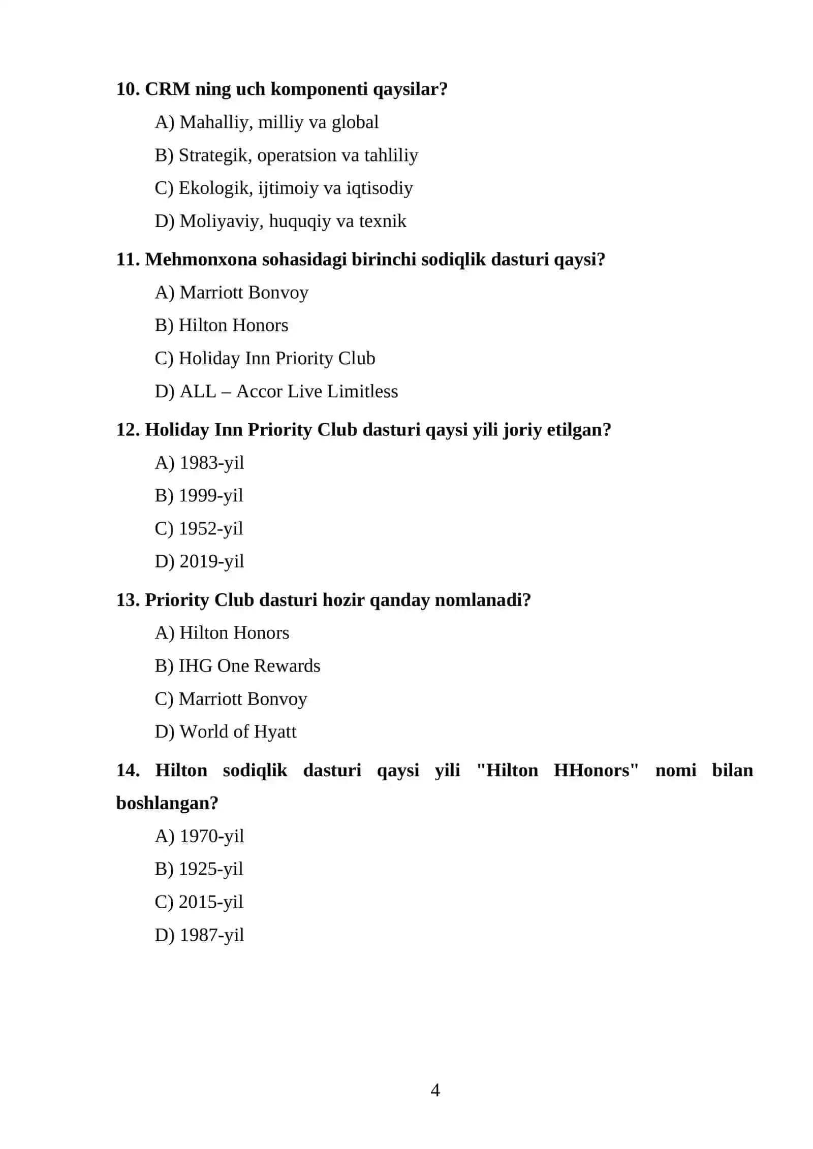 Xalqaro mehmonxona menejmenti test topshiriglari 4