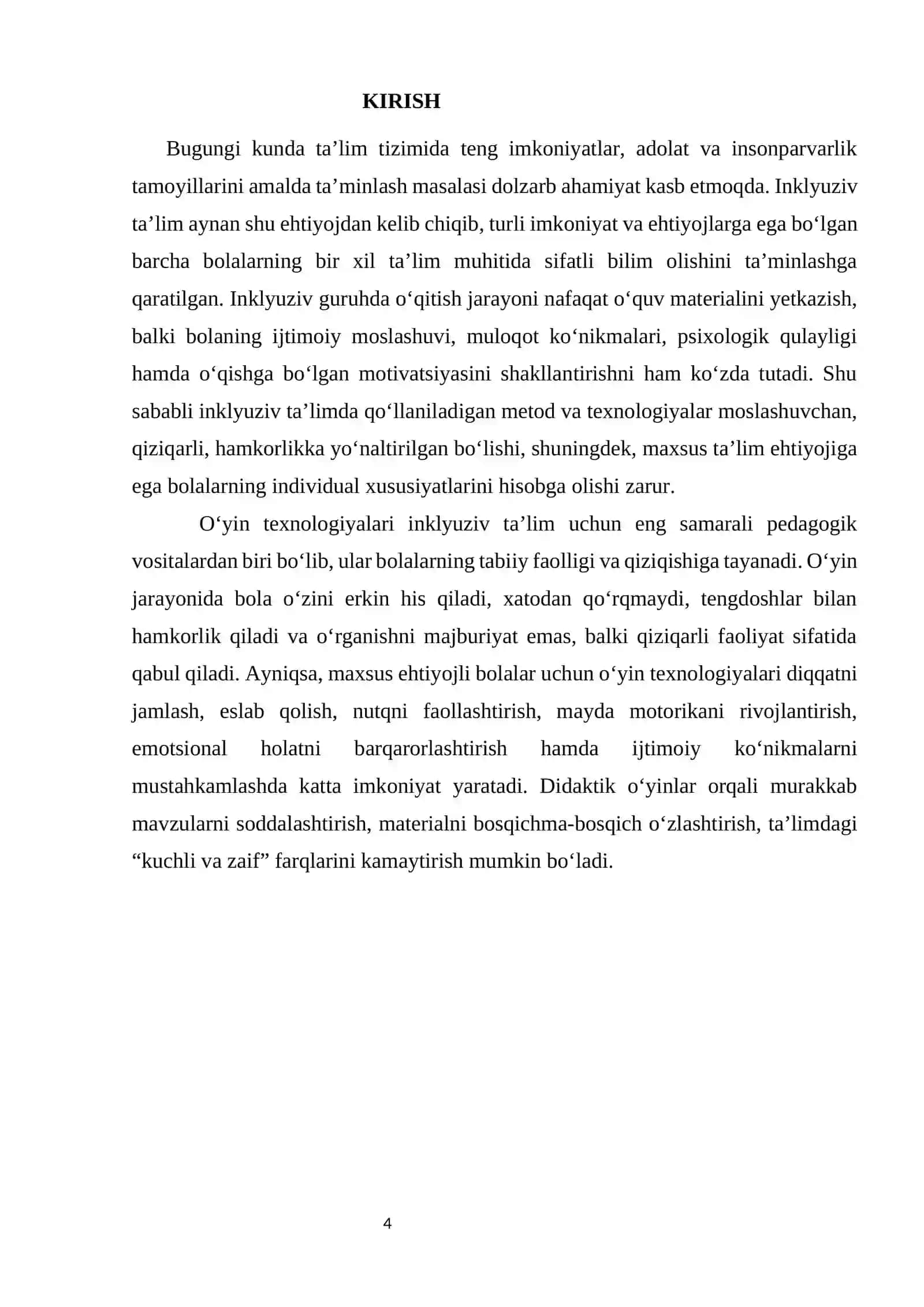 "Inklyuziv taʼlimda oʻyin texnologiyalaridan foydalanish" MALAKA ISHI 4