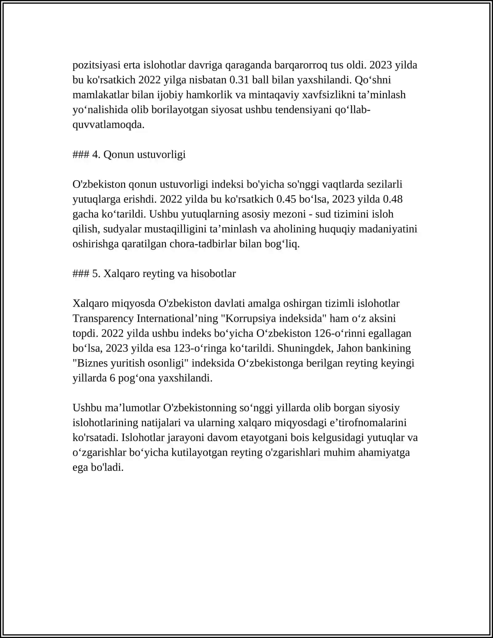 YANGI O‘ZBEKISTONDA IJTIMOIY, SIYOSIY,IQTISODIY,MADANIY HAYOTIDA RO‘Y BERADIGAN O‘ZGARISHLARNING XALQARO REYTING XA INDEKSLARDA AKS ETISHI 4
