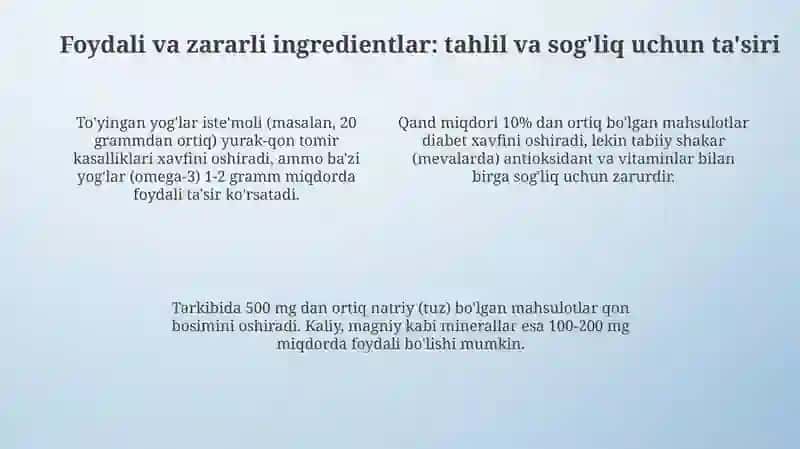 Oziq-ovqat mahsulotlarining tarkibi foydali va zararli xususiyatlarini yorliqlari orqali o'rganish 4