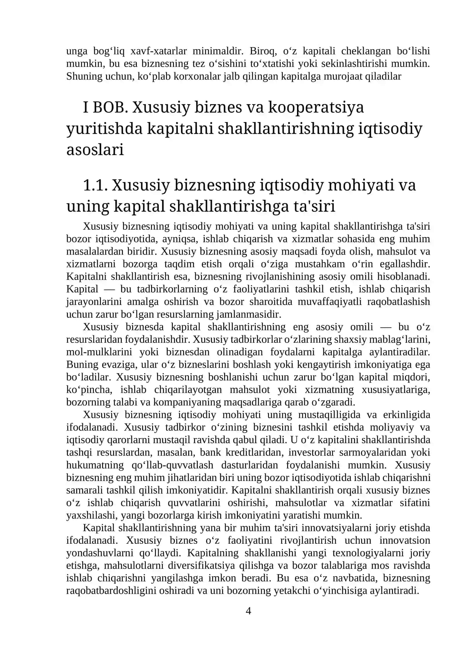 XUSUSIY BIZNES, KOOPERATSIYA VA YAKKA TARTIBDAGI TADBIRKORLIK YURITISHDA KAPITALNI SHAKLLANTIRISH 4