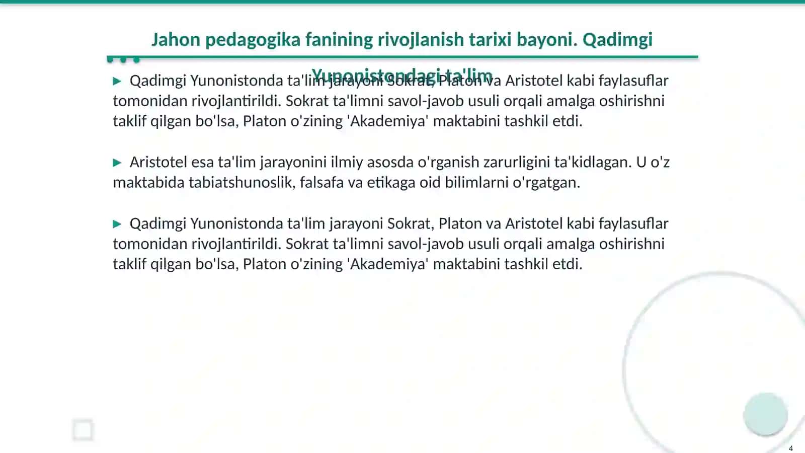 Jahon pedagogika fanining rivojlanish tarixi bayoni 4