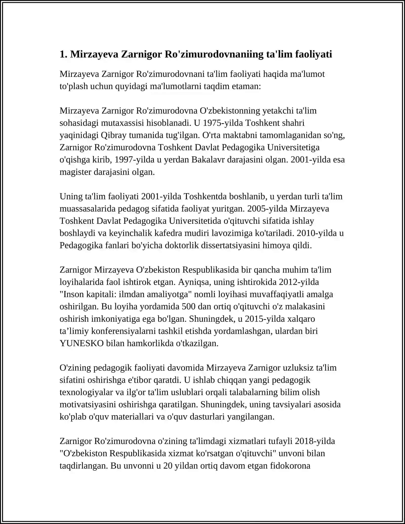 Mirzayeva Zarnigor Ro'zimurodovna Ta'lim Faoliyati 4