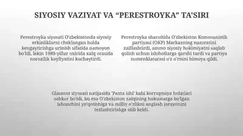 Mustaqillikka erishish arafasida Oʻzbekistonda ijtimoiy siyosiy jarayonlar 4