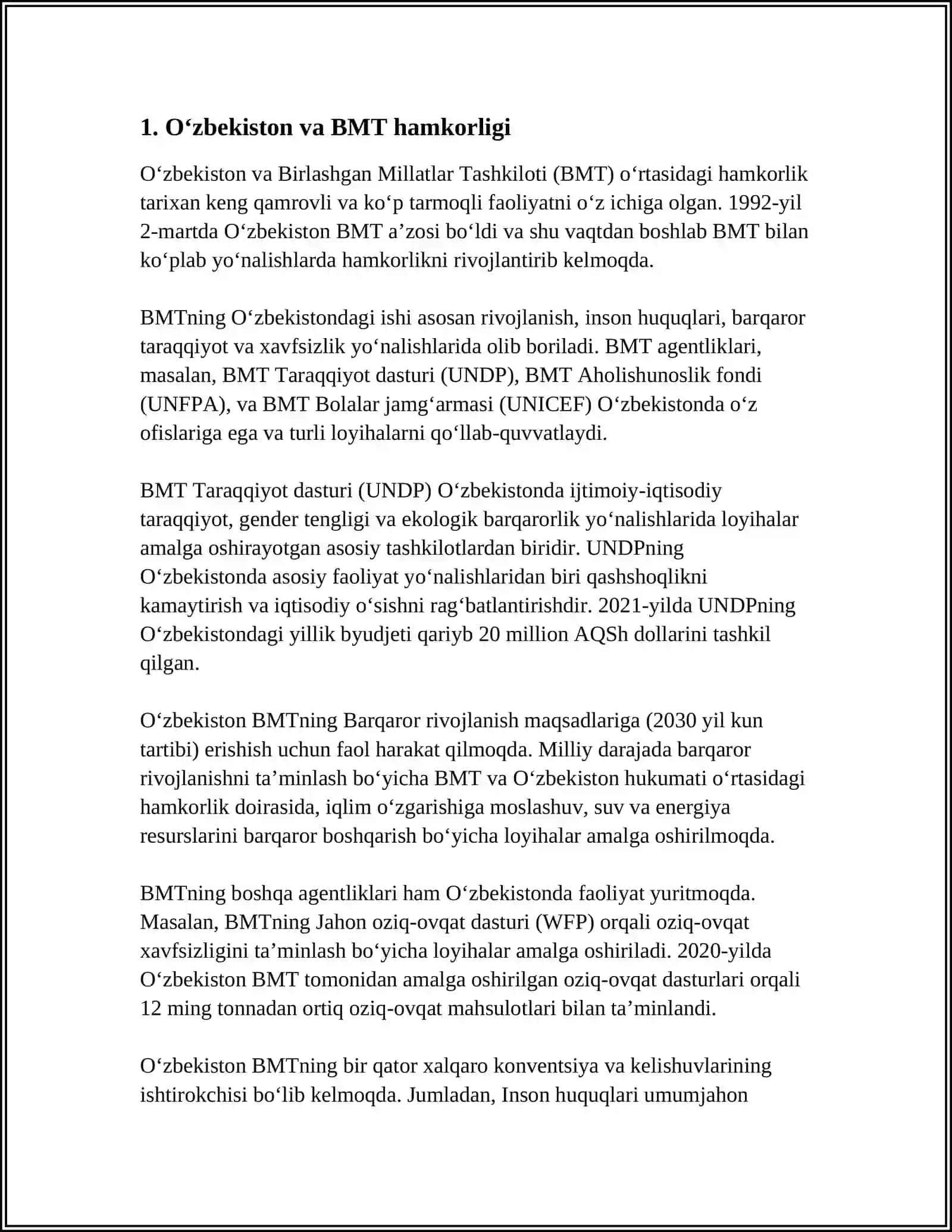 OʻZBEKISTONNING XALQARO TASHKILOTLAR BILAN HAMKORLIK ALOQALARI 4