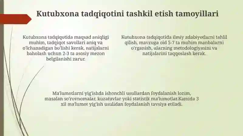 Kutubxona pedagogikasi fanining ilmiy usullari va kutubxonachilik tadqiqotlarini tashkil etish 4