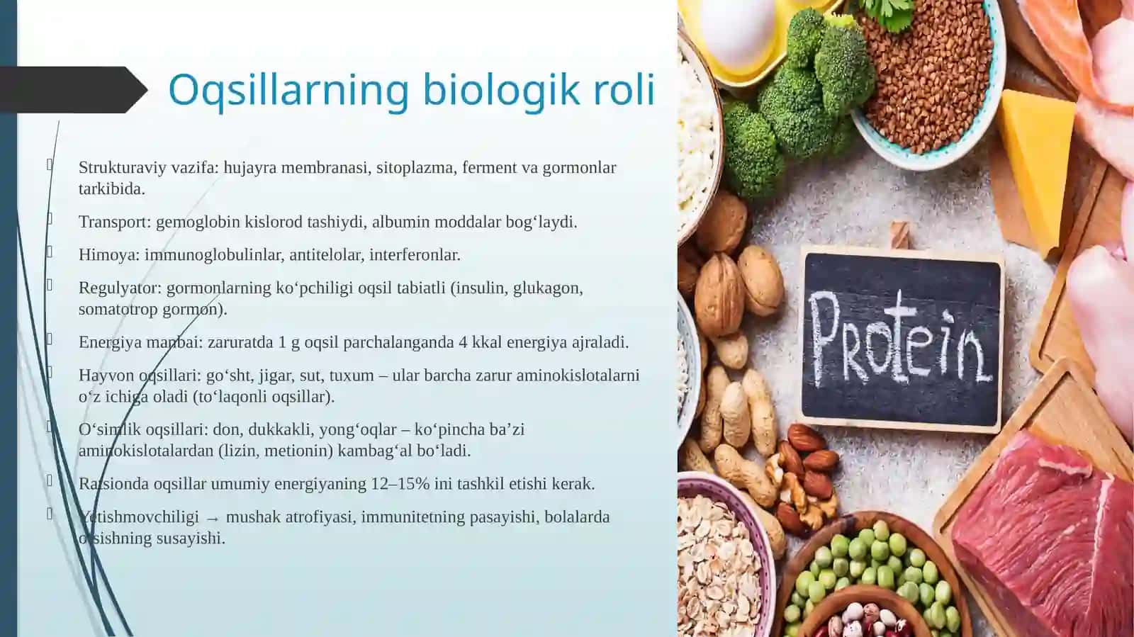 Asosiy oziqaviy moddalar – oqsillar, yog‘lar, karbonsuvlar, mineral moddalar va vitaminlarning biolo 4