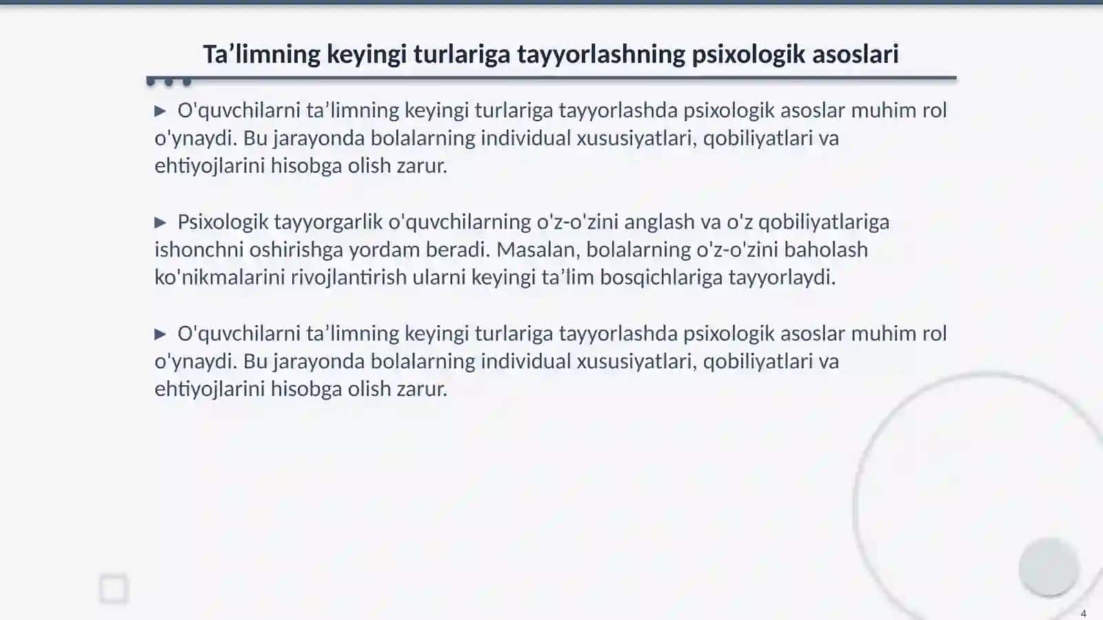 Boshlanğich ta’limda òquvchilarni ta’limning keyingi turlariga tayyorlash metodikasi 4