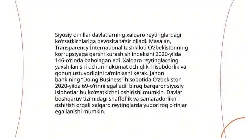 Oʻzbekistonni halqaro reytinglardagi koʻrsatgichlarini koʻtarishning tarixiy va siyosiy ahamiyati 4