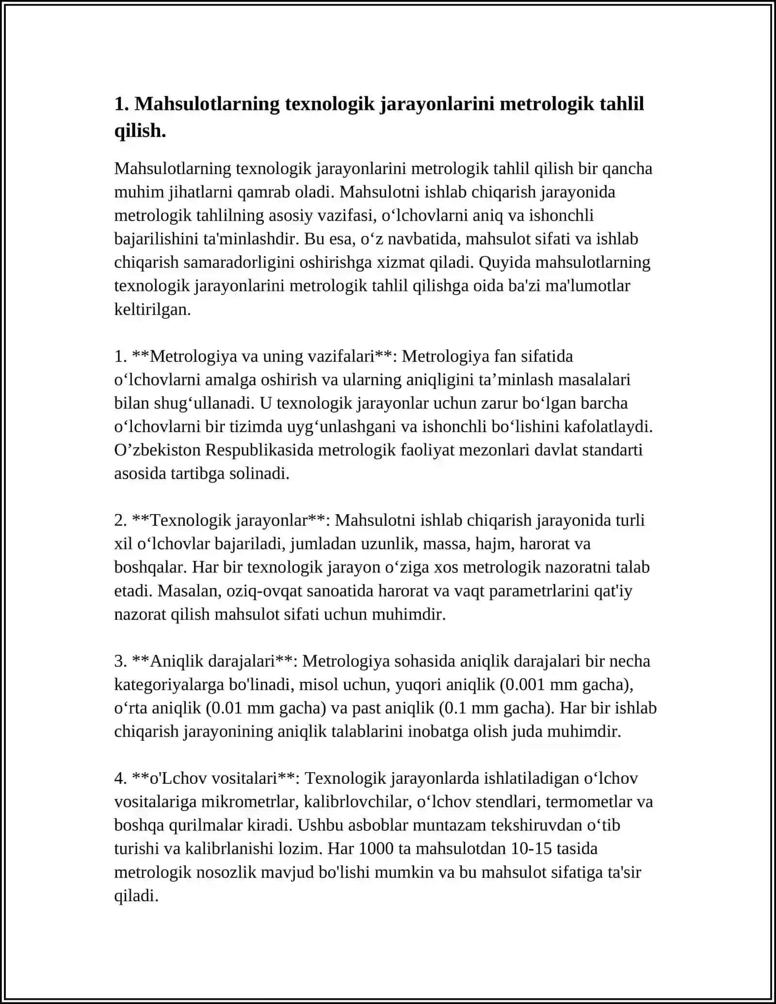 MAHSULOTLARNING TEXNOLOGIK JARAYONLARI VA ME'YORIY HUJJATLARNI METROLOGIK EKSPERTIZA QILISHDA ISHLAB CHIQARISHNING MUXANDIS METROLOGIKNING HUQUQ VA MAJBURIYATLARINI YOZING VA TUSHUNTIRING 4