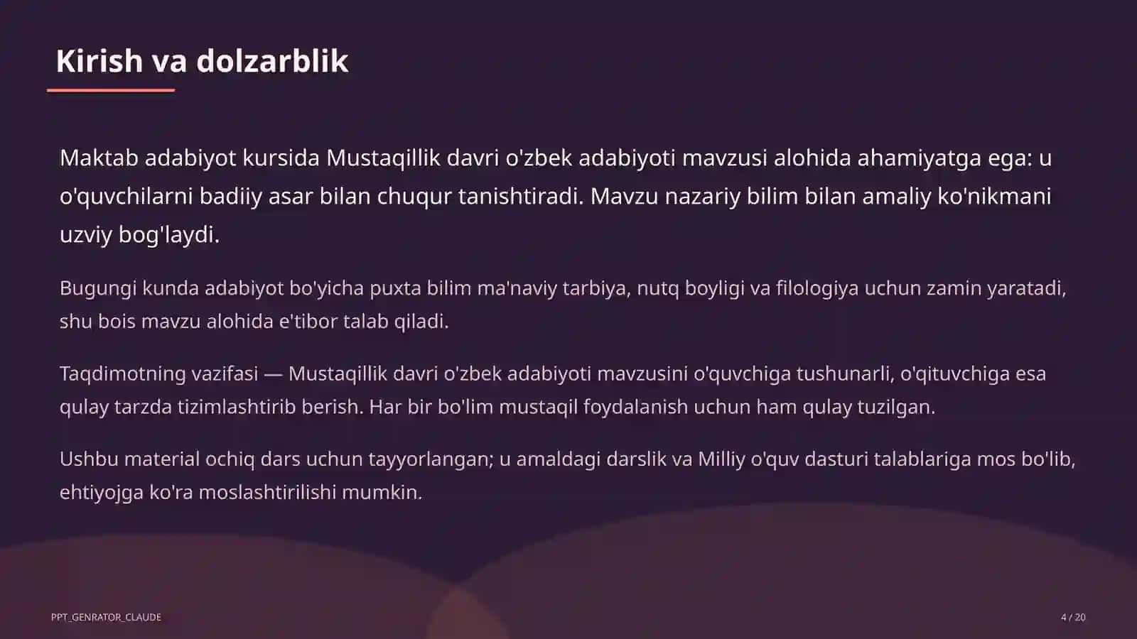Mustaqillik davri o'zbek adabiyoti (11-sinf) 4