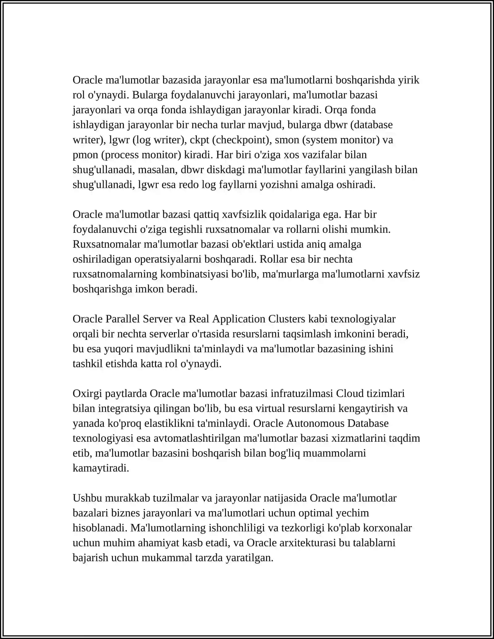 ORACLI MA'LUMOTLAR BAZASINI BOSHQARISH TEZIMLARNING ISHLASH TEXNALOGIYASI 4