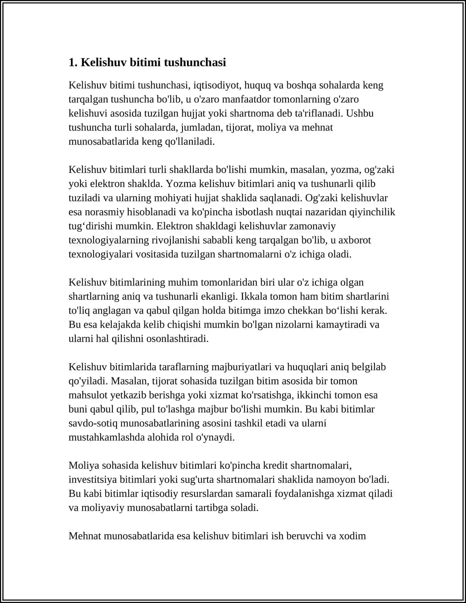 KELISHUV BITIMI MA'MURIY SHARTNOMANING TURI SIFATIDA 4