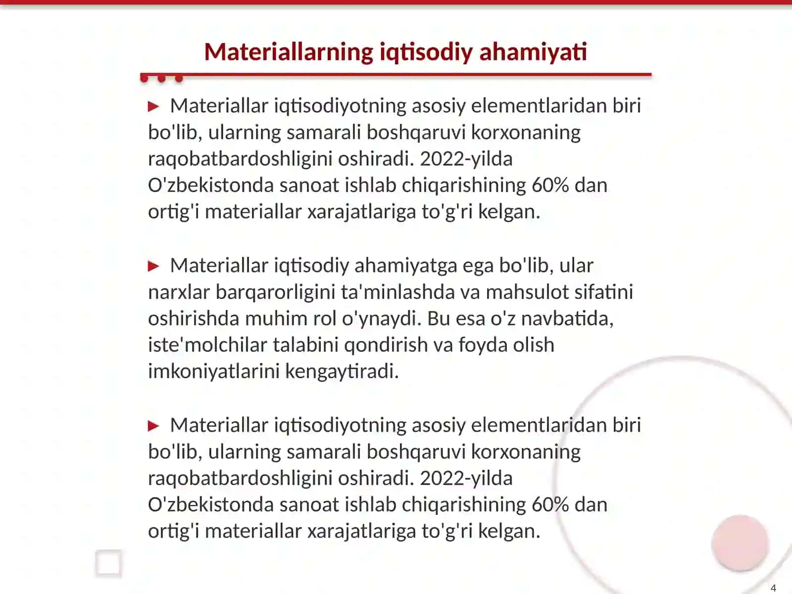 Materiallarni xo'jalik yurituvchi subyektlar faoliyatida tutgan o'rni va hisob vazifalari 4