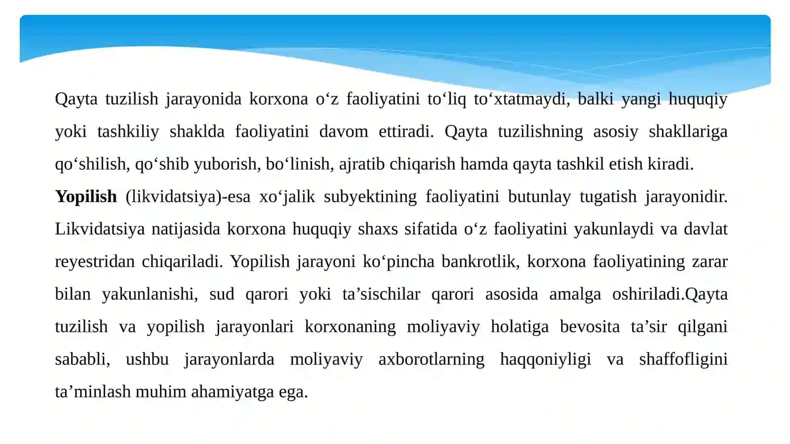 Xo‘jalik subyektlarining qayta tuzilishi va yopilish jarayonida bajariladigan auditorlik amallari mazmuni 4