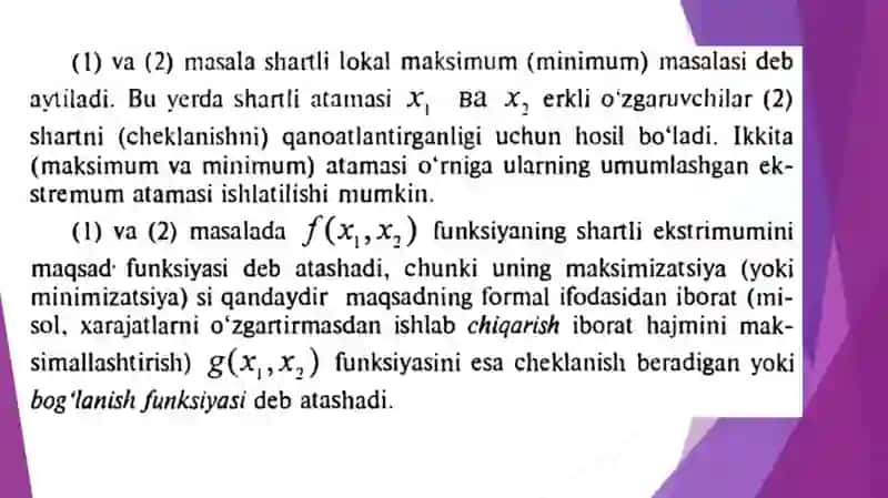 Chiziqli dasturlash masalalarining matematik modellari, iqtisodiy tahlili. Maqsad funksiyasi.Egizak masala.i 4