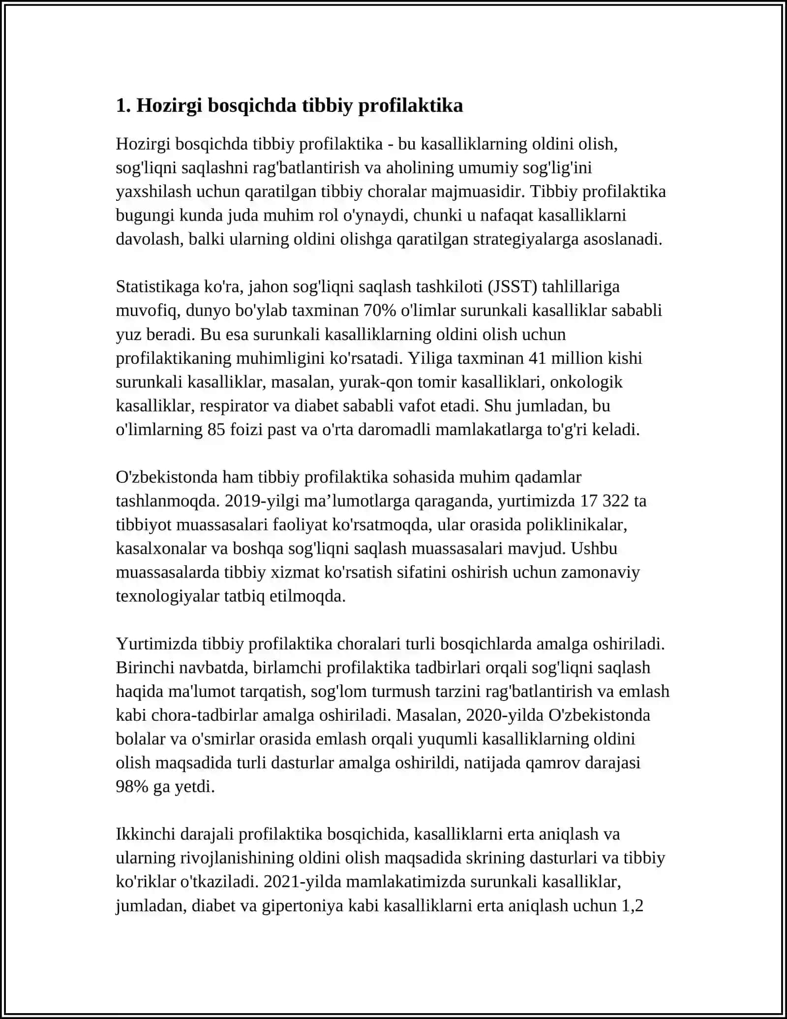 HOZIRGI BOSQICHDA TIBBIY PROFILAKTIKA. DISPANSERIZATSIYA, TA'RIFI, MAQSADI, VAZIFALARI, TAMOYILLARI. TIBBIY TEKSHIRUV- DISPANSERIZATSIYA BOSQICHLARI. AHOLINI TIBBIY KO'RIKDAN O'TKAZISHNING ASOSIY QOIDALARI. TIBBIY KO'RIK ISHTIROKCHILARINING BOSQICHLARI, TAMOYILLARI VA FUNKTSIONAL MAJBURIYATLARI 4