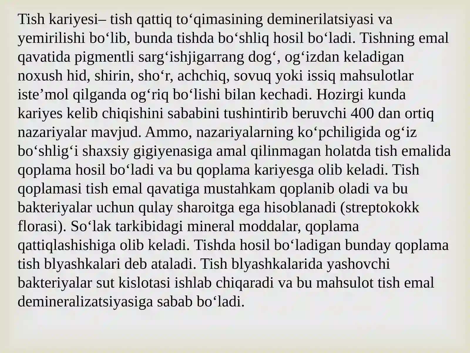 Mineralizatsiya, demineralizatsiya va remineralizatsiya jarayonlari. Boshlang’ich(oq dog’) va yuza kariyesda endogen  va ekzogen davolash usullari. 4