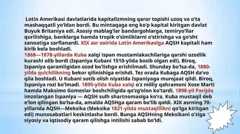 ХIХ ASRNING 30-70 YILLARIDA LOTIN AMERIKASI DAVLATLARINING IJTIMOIY –IQTISODIY AHVOLI 4