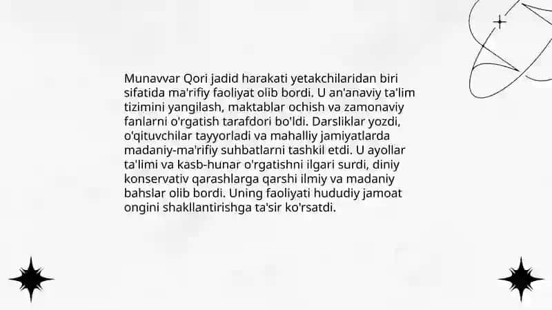Jadid marifatparvarlarni o'lka ijtimoiy ma'naviyat hayotida tutgan o'rni munavar qori Fitrat Behbudiy Avloniy Munavvarova Husnida 4