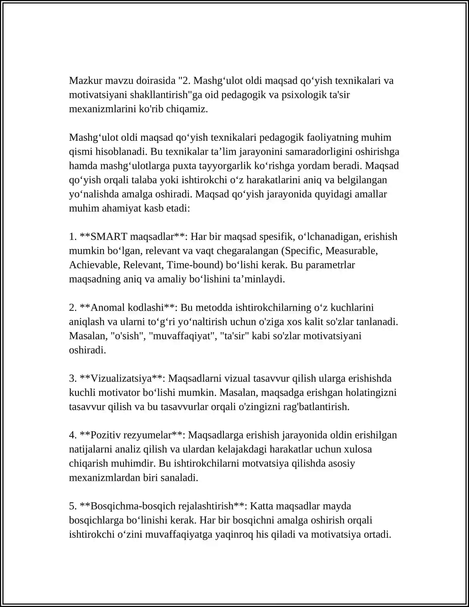 MASHĞʻULOT OLDI MASHĞʻULOT KEYINGI MOTIVATSION HOLATNI SHAKKLANTIRISHDAN PEDAGOGIK VA PSIXOLOGIK TA'SIR MEXANIZLARI QANDAY QOLLANILADI 4
