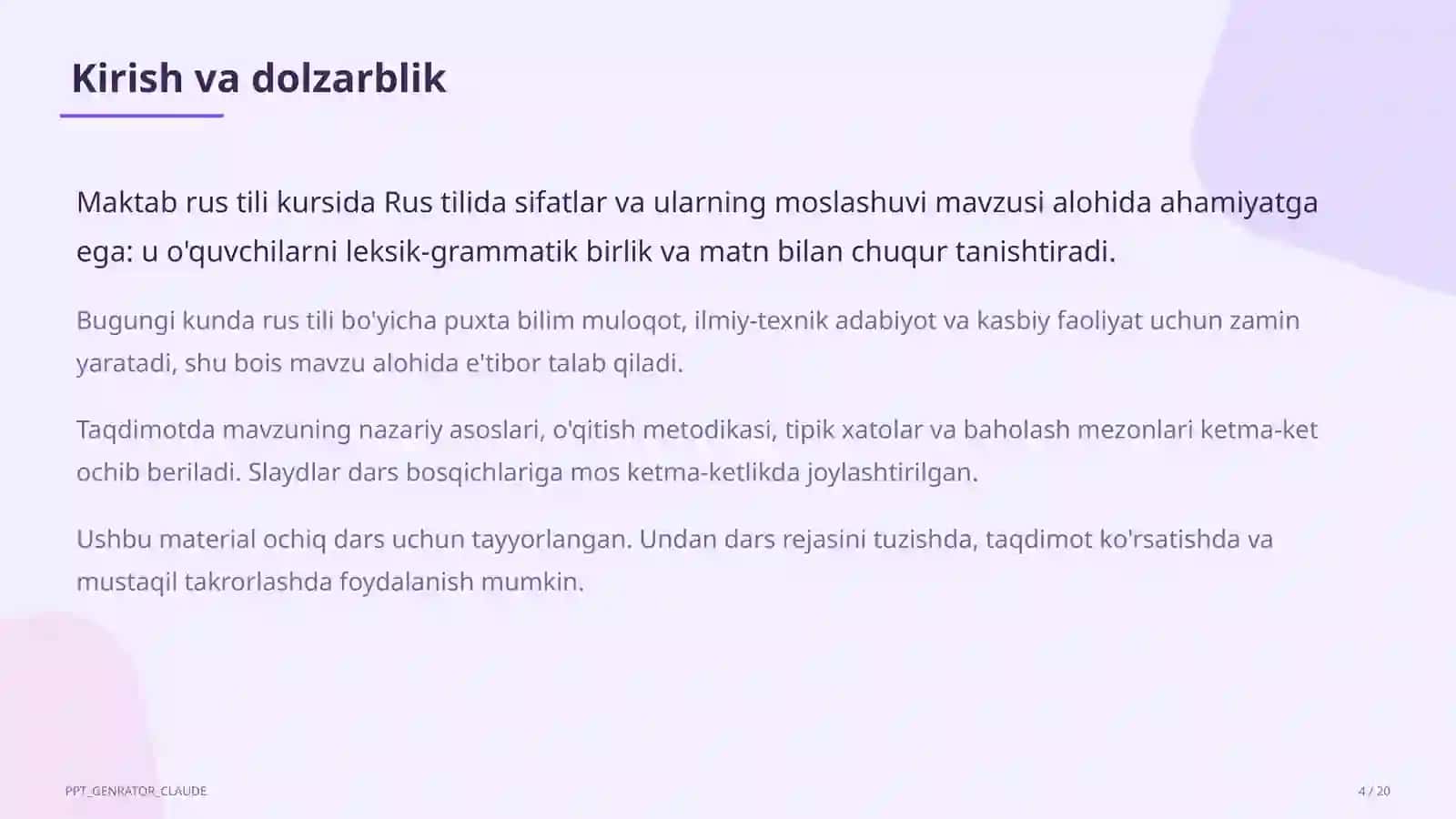 Rus tilida sifatlar va ularning moslashuvi (4-sinf) 4