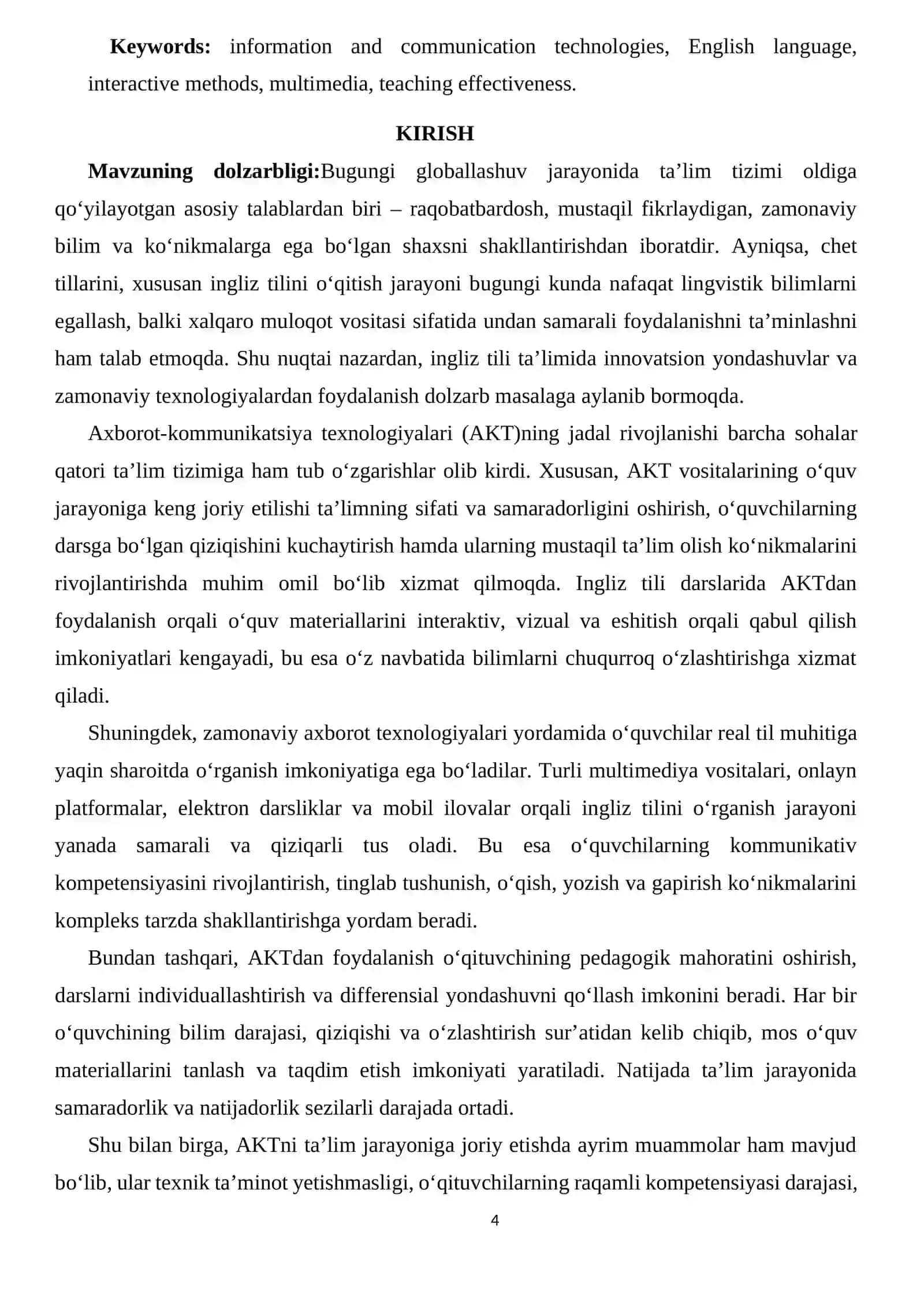 Ingliz tili darslarida axborot-kommunikatsiya texnologiyalaridan (AKT) foydalanishning o‘quv jarayoniga ta’siri 4