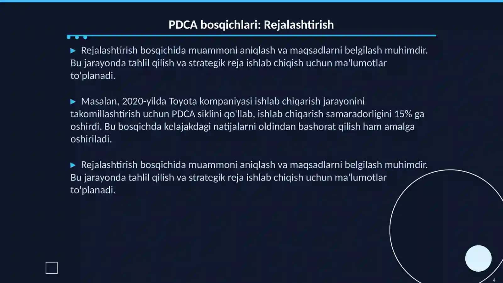 PDCA (Plan-Do-Check-Act) sikli va uning boshqaruvdagi ilmiy roli 4