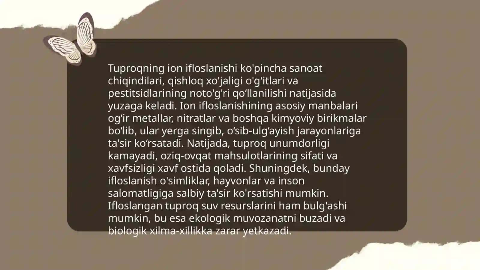 Tuproq, suvning ifloslanishida ion bogʻlanishli birikmalarni aniqlab ulardan tozalash gʻoyasini ishlab chiqish 4