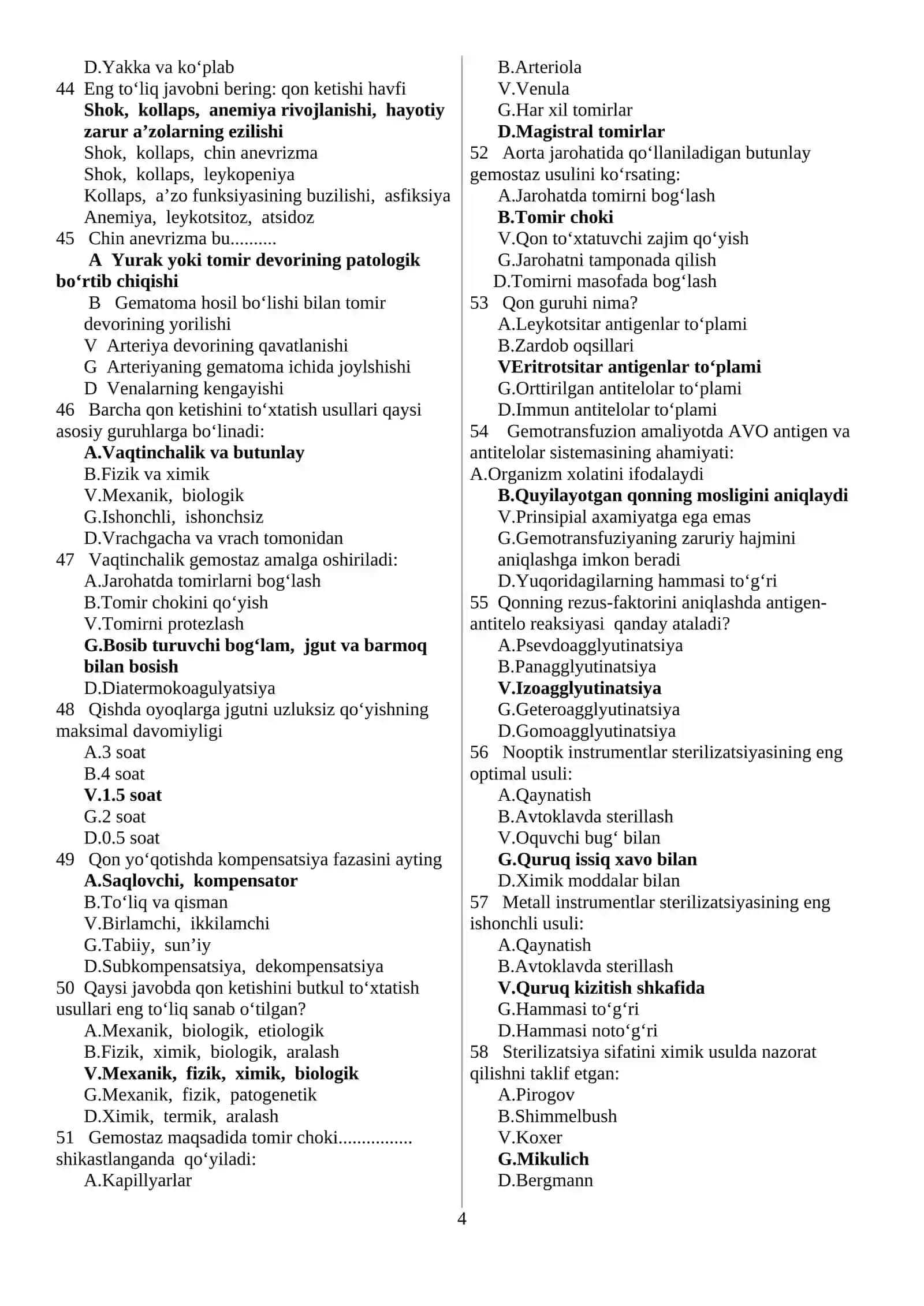 XIRURGIYA MAGISTRATURA VA KLINIK ORDINATURAGA KIRISH TESTLARI 1000 TA 2026 YIL 4
