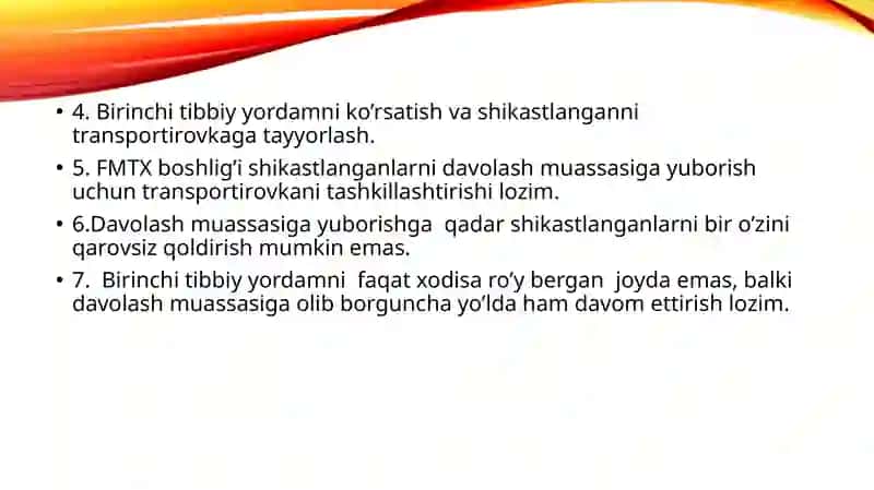 SHIKASTLANISH O’CHOG’IDA DASTLABKI UMUMIY, DASTLABKI TIBBIY YORDAMNI TASHKIL ETISH. 4