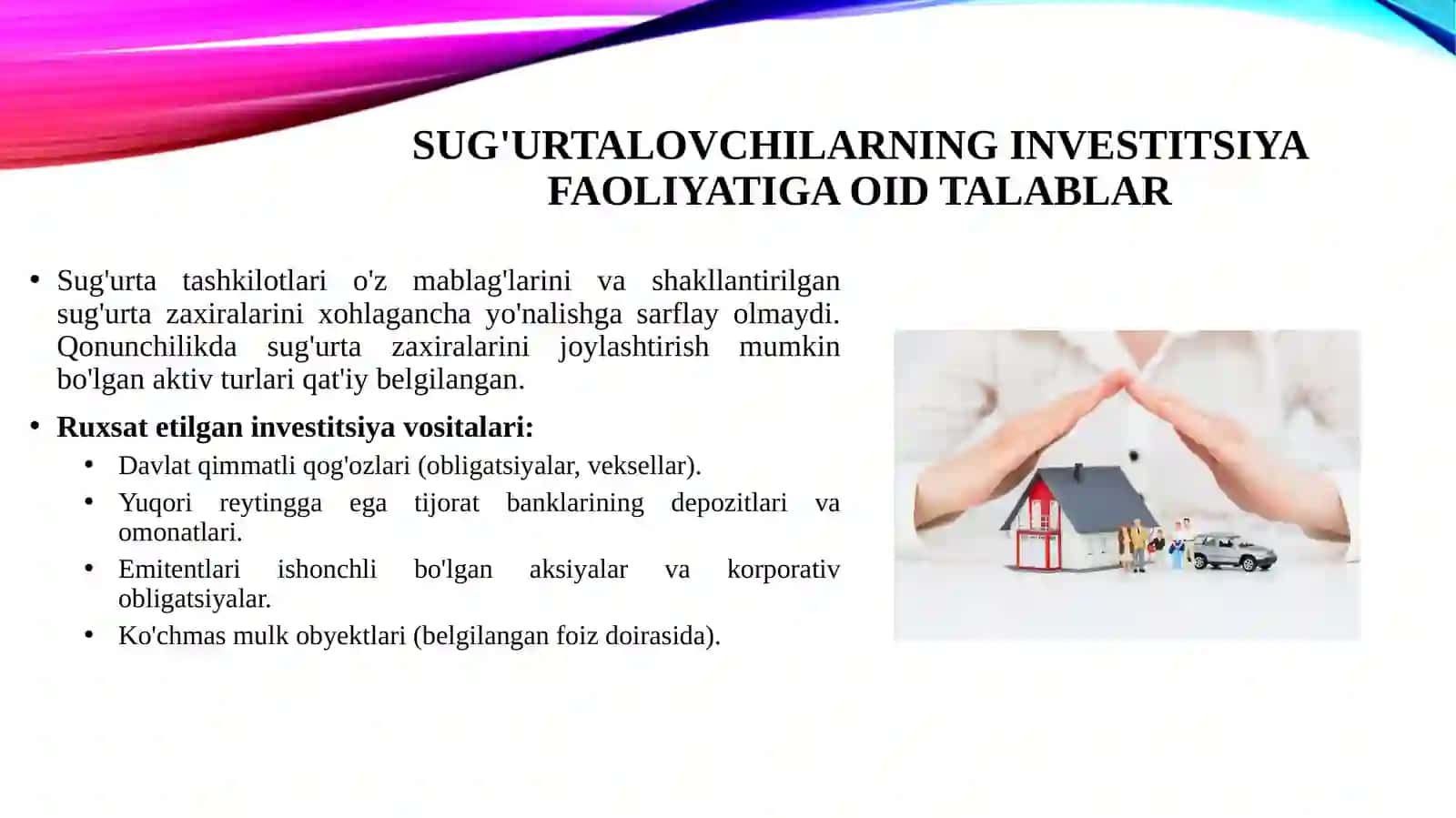 Sug'urta tashkilotlarining investitsiya faoliyati. Sug'urta tashkilotlariining investitsiya siyosati. Sug'urtalovchilarning investitsiya faoliyatiga oid talablar. Investitsiya faoliyati bo'yicha mas'ul shaxsga qo'yilgan talablar. 4