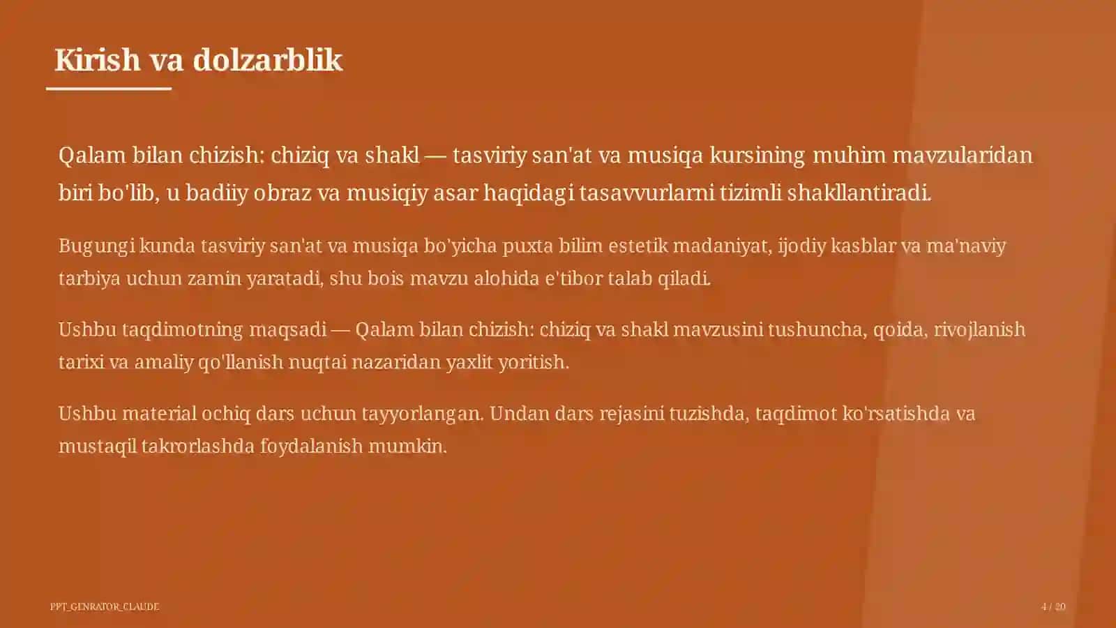 Tasviriy san'at va musiqa (1–7) — ochiq dars uchun 4
