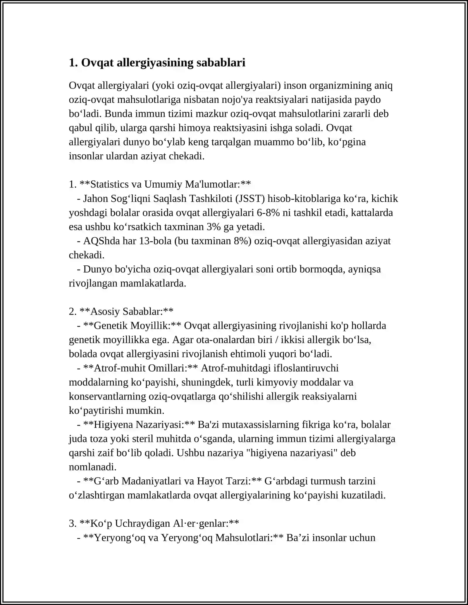 OVQATNI KO’TARA OLMASLIK.CHIN OVQAT ALLERGIYASI,PATOGENEZI,KLINIK KO’RINISHLARI,TASHXISOTI,DAVOLASH.OVQAT ALLERGIYASIGA TA’SIR ETUVCHI OMILLAR 4