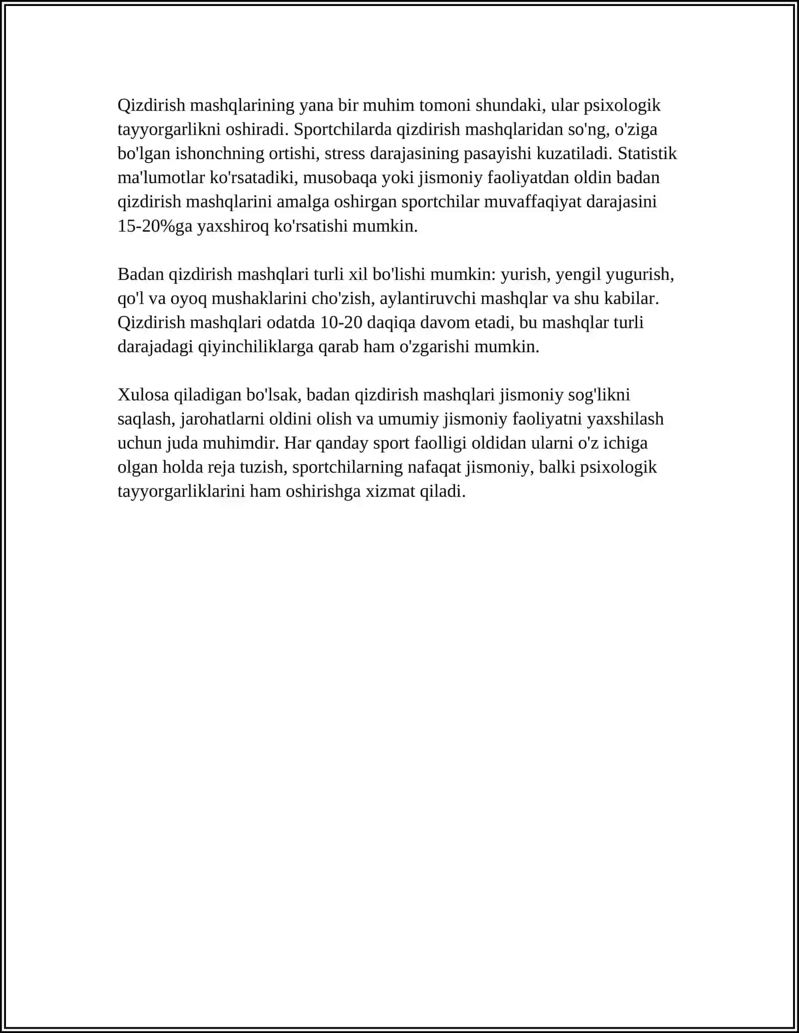 TANLANGAN SPORT TURI BOʻYICHA BADAN QIZDIRISH MASHQLARINI TUZISH (GIMNASTIKA) 4