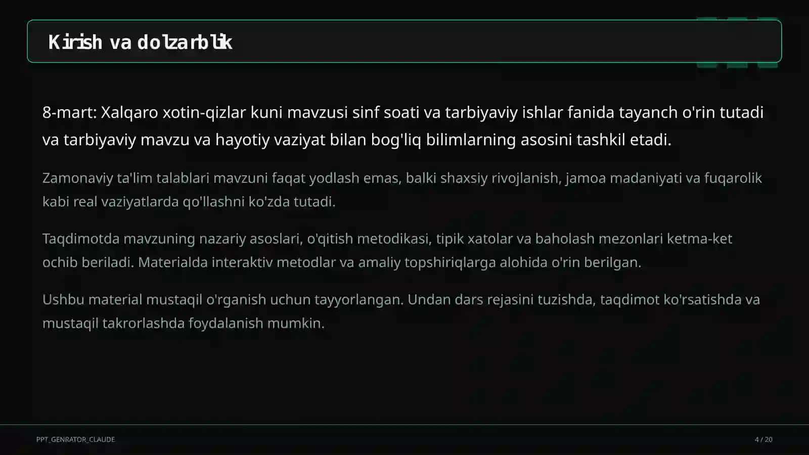 Sinf soati va tarbiyaviy tadbirlar (1–11) 4
