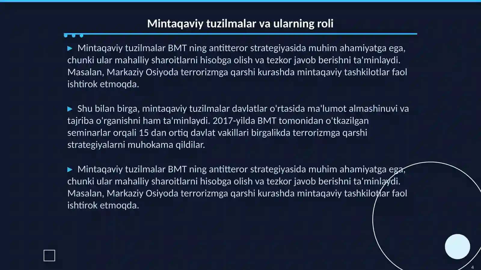 BMT ning global antitteror strategiyasi bôyicha mintaqaviy tuzilmasi 4