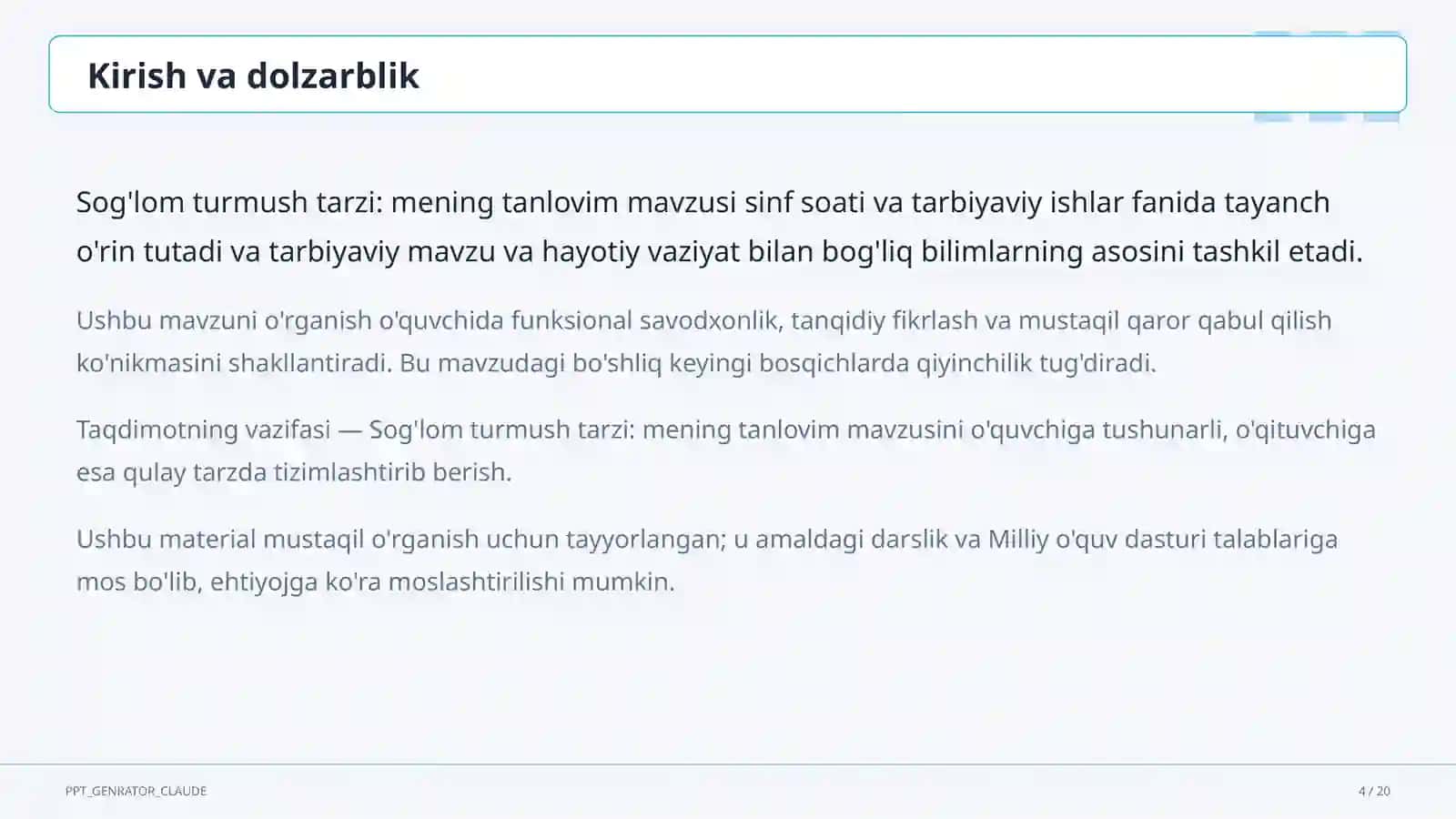 Sinf soati va tarbiyaviy tadbirlar (1–11) 4
