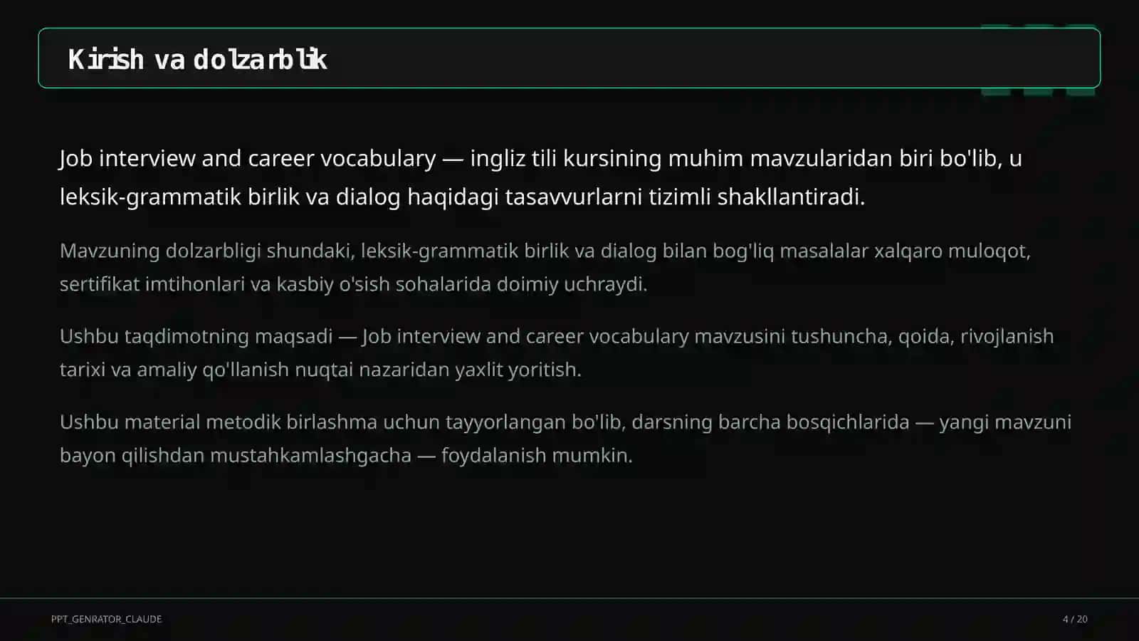 Ish so'roq va karyera so'zlashgan so'roq (11-sinf) 4