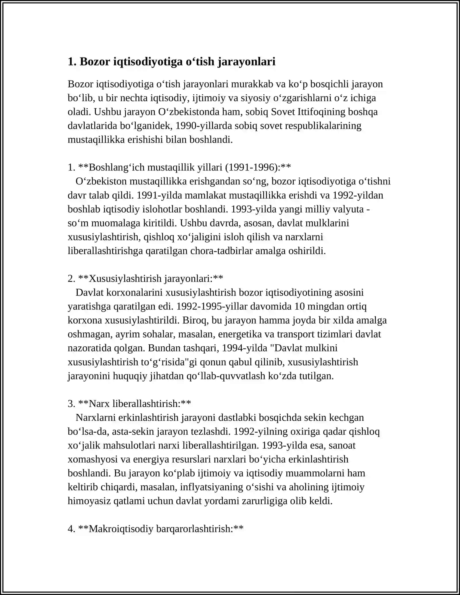 BOZOR IQTISODIYOTIGA O‘TILISHI, KICHIK BIZNES VA XUSUSIY TADBIRKORLIKNING RIVOJLANTIRILISHI 4
