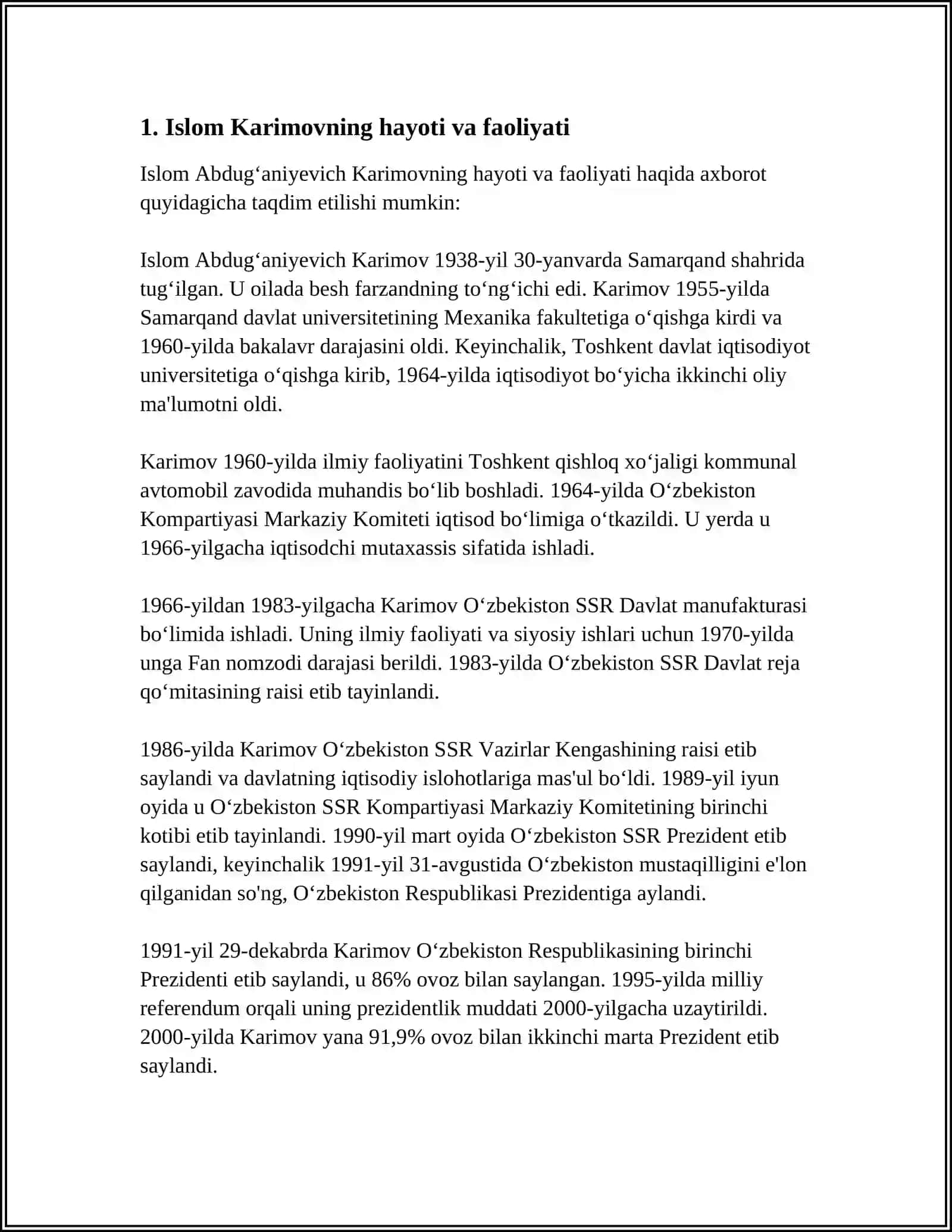 REFERAT Mavzu: BIRINCHI PREZIDENT I. A. KARIMOV. O'ZBEKISTON MUQOBILIK ASOSIDA SAYLANGAN BIRINCHI PREZIDENTI 4